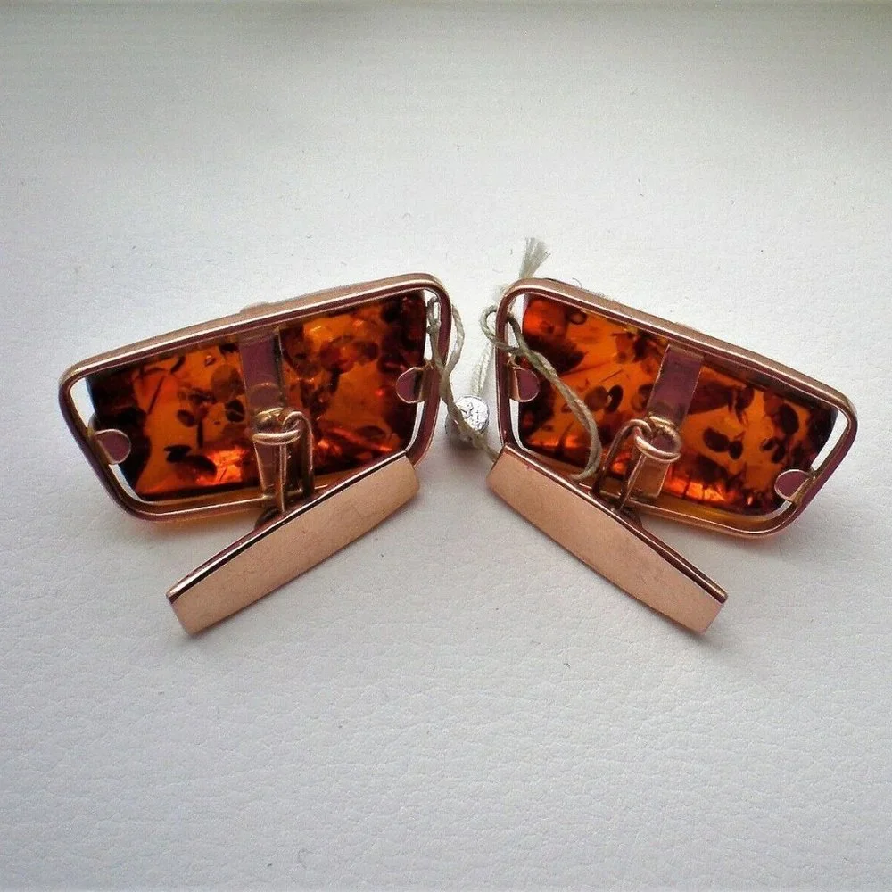 Vintage Russian Russia USSR NEW OLD STOCK 14K 583 Rose Pink Gold Amber Cufflinks